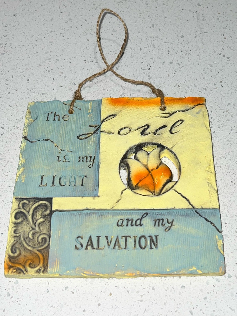 Hanging Garden Wall Plaque with Twine “The Lord is my light and my salvation."